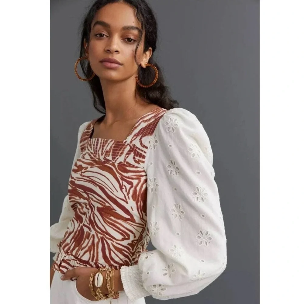 Anthropologie‎ Love The Label Smocked Puff-Sleeve Blouse